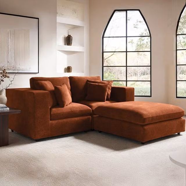 SolaceCo Asher L-Shape 3 Seater Sofa with Matching Ottoman and Scatter Cushions in Orange Velvet Fabric