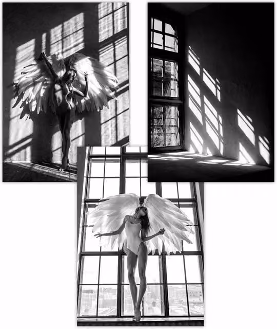 ARTZE Set of 3 Black and White Angel Fashion Photo Art Posters, W: 42 cm, H: 59 cm