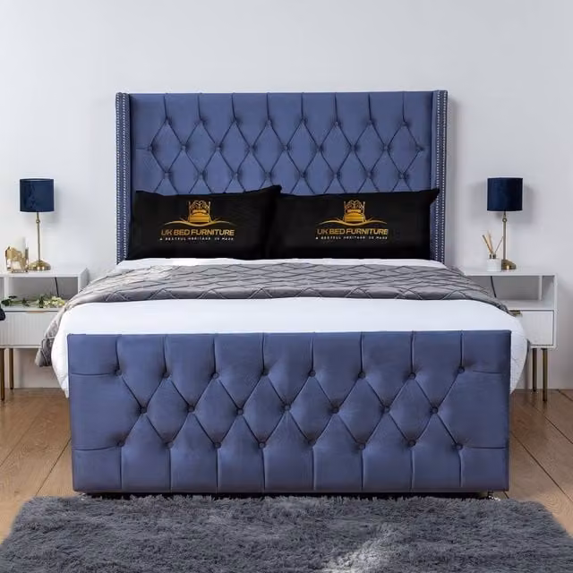 UK Bed Furniture Emily Blue Velvet Wingback Divan Bed with 54 Inch Diamond Headboard, W/D/H: 200 x 200 cm