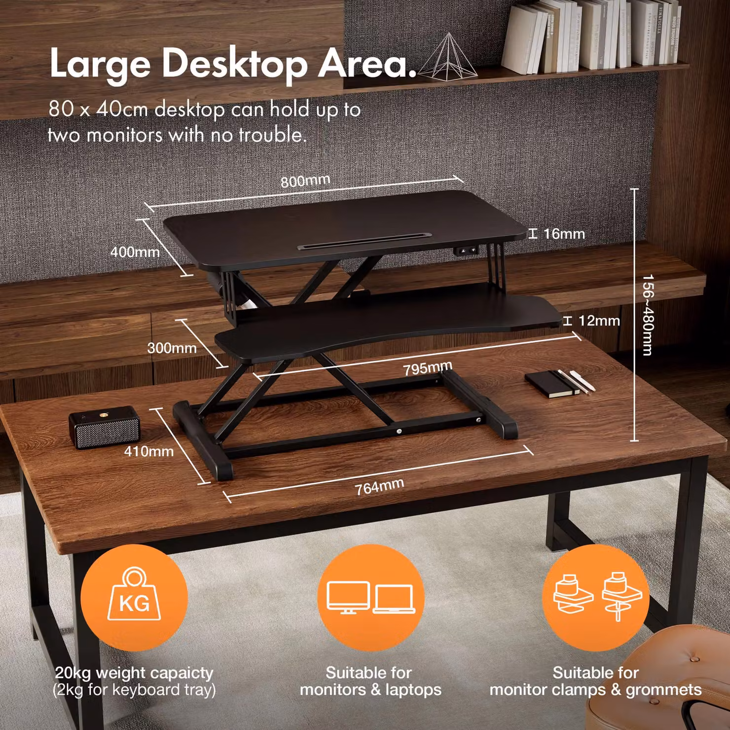 VonHaus Height Adjustable Two Tier Electric Desk Converter with Keyboard Shelf in Black – 2