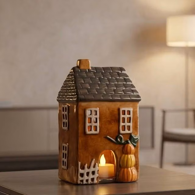 Garden Greatness Harvest Pumpkin Candle House Ornament, Orange and Multicolour Ceramic Tabletop Decor