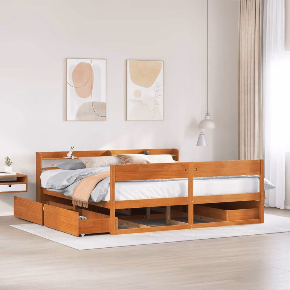 Berkfield Home Super King Solid Wood Pine Bed Frame in Wax Brown, W/D/H: 180 x 200 x 82 cm – 2