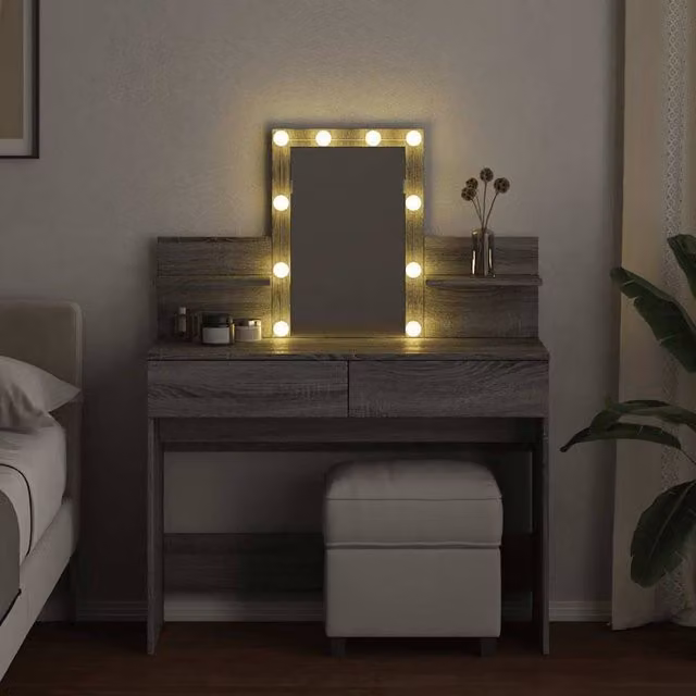 Berkfield Home Beautiful Dressing Table with Hollywood LED in Grey Sonoma, W/D/H: 100 x 40 x 130 cm
