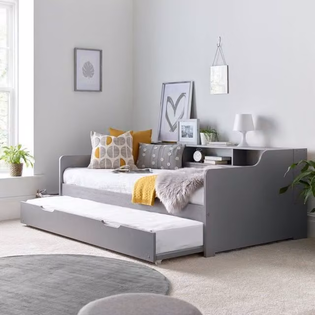 Rest Relax Trent Solid Pine Wooden Single Guest Bed with Trundle and Side Compartments in Grey and White, W/D/H: 90 x 190 cm