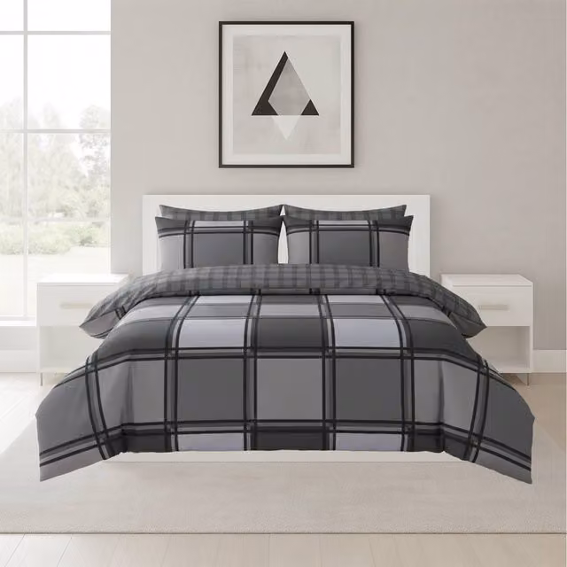 Snug City Grey Contemporary Square Pattern Duvet Cover and Pillowcase Set, W: 180 cm, L: 200 cm