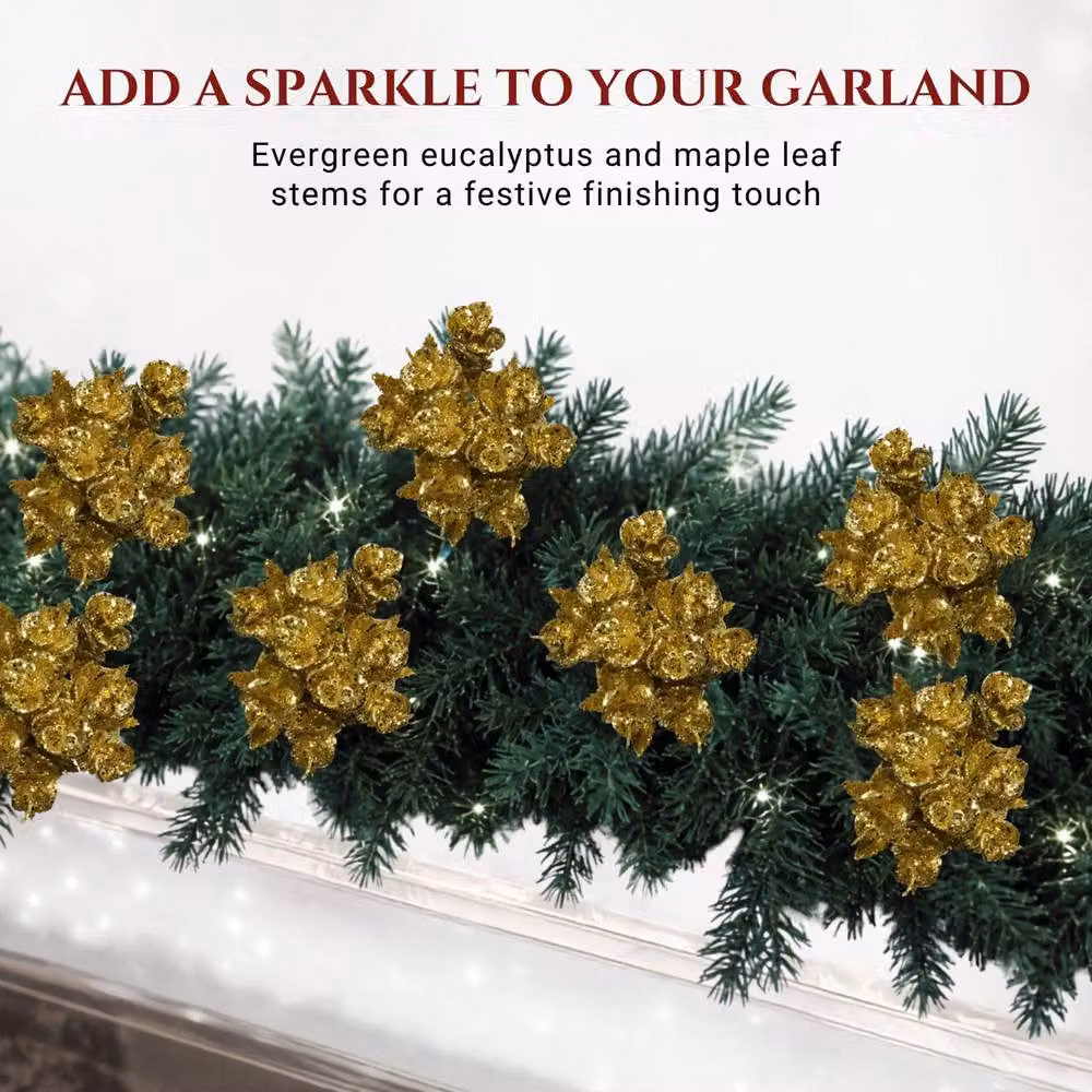 Shatchi Gold Glitter Eucalyptus and Maple Leaf Pick, 12 Pack, Height: 17 cm – 5