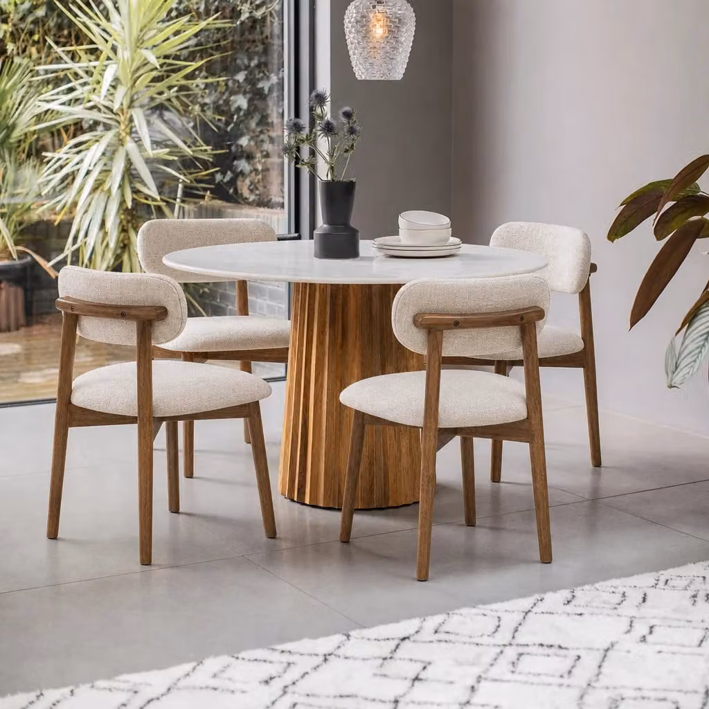 Atkin and Thyme Westbourne Round Marble Dining Table and 4 Layla Dining Chair Set in Black and White