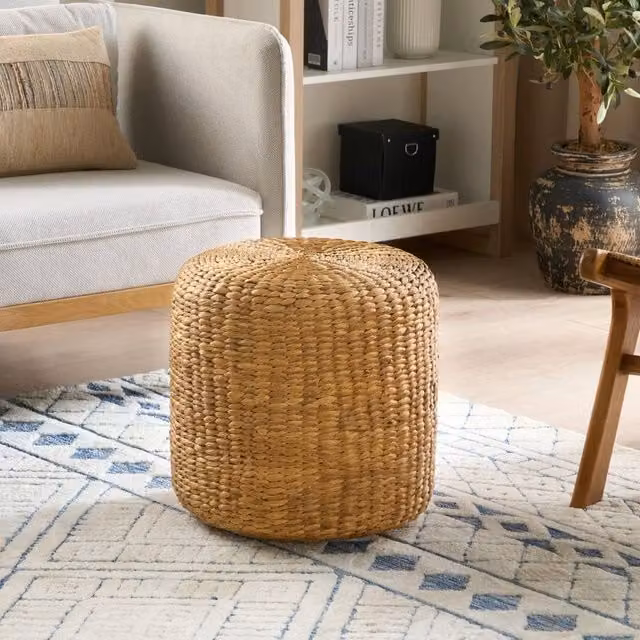 Wyld and Coco Natural Water Hyacinth Pouf in Beige, Diameter: 40 cm