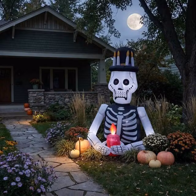 Kelvenix Halloween Skeleton Blow-up Yard Decoration with Built-in LED, White and Multicolour, Height: 190 cm