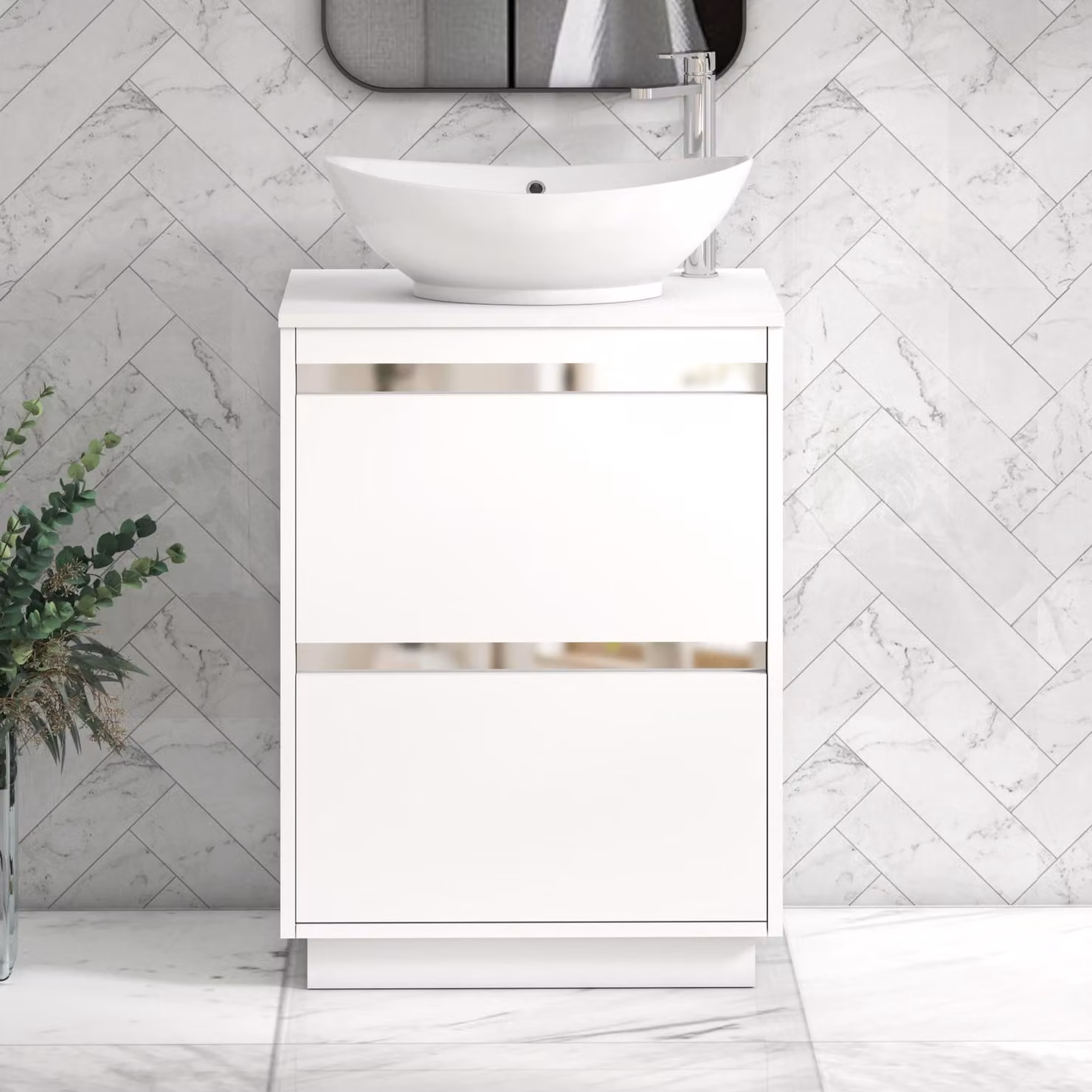 Royal Bathrooms Orion 600mm Matt White Floor Standing 2 Drawer Vanity Unit with Amaze Basin and Chrome Accent Trim