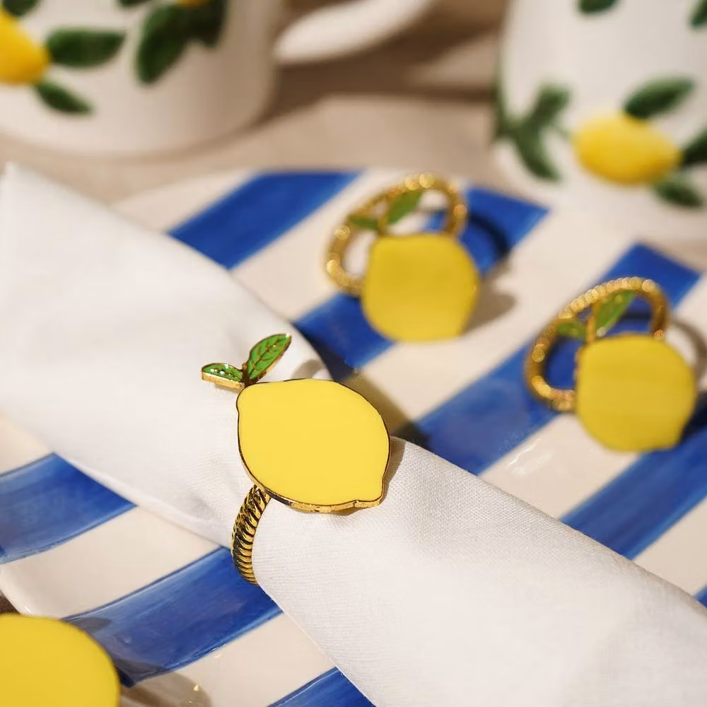 Hestia Set of 4 Yellow and Gold Metal Lemon Napkin Rings – 2
