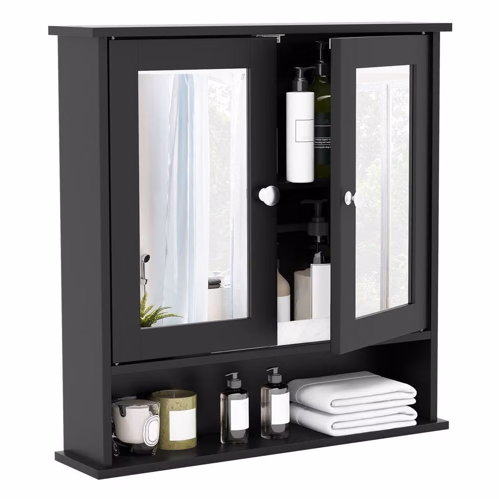 Costway Black Wooden Wall Mounted Bathroom Medicine Cabinet with Mirror and Two Hinged Doors – 9