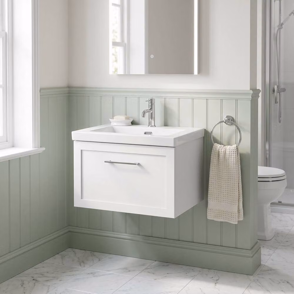Balterley Stonnall Wall Mounted 1 Drawer Vanity Unit and Fireclay Basin in Matt White, 600mm – 2