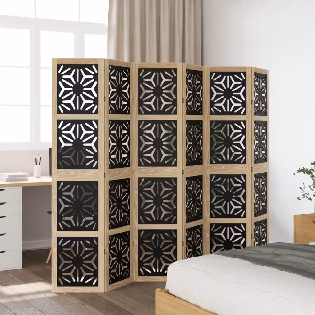 Berkfield Home 6 Panel Geometric Room Divider in Brown and Black Solid Paulownia Wood – 2