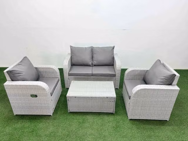 Fimous 4 Seater Grey PE Wicker Rattan Garden Furniture Set with 2 Seater Sofa, Lounge Armchair, Reclining Adjustable Chairs and Rectangular Coffee Table