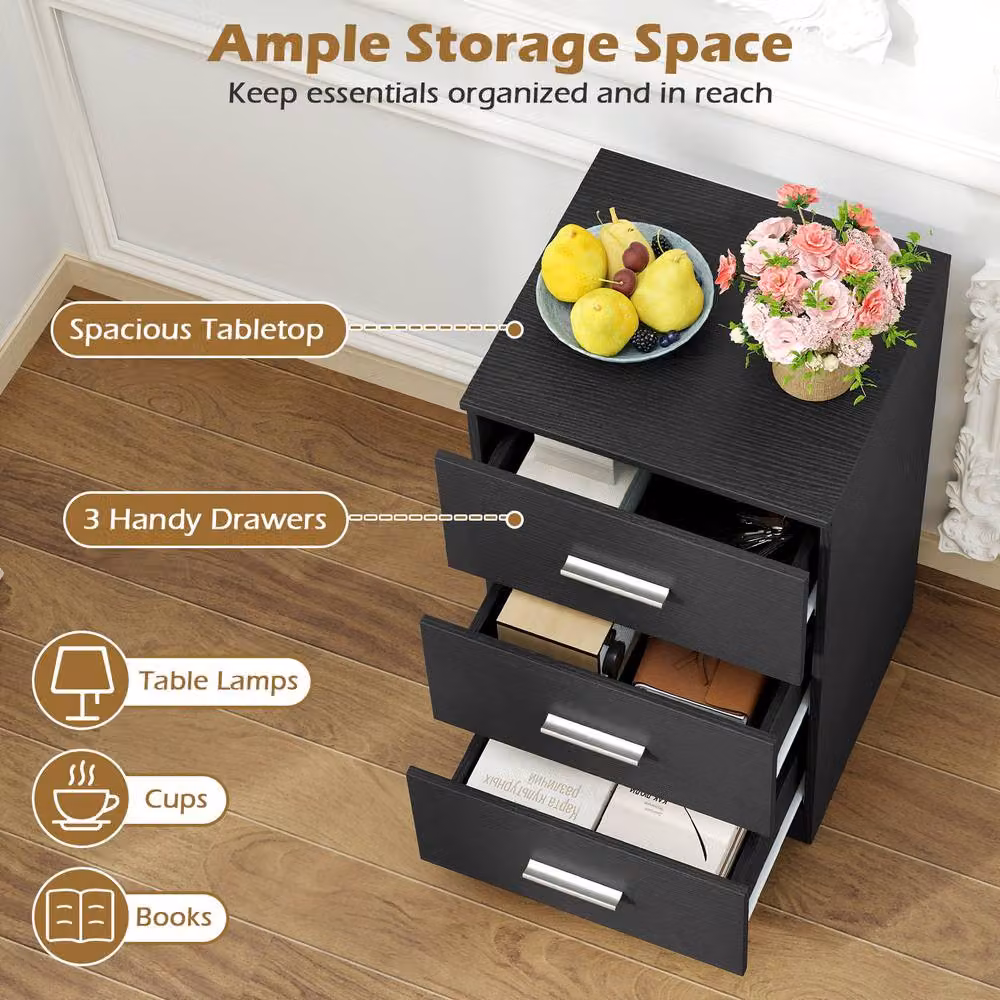 Costway Modern Black Nightstand with 3 Storage Drawers – 5
