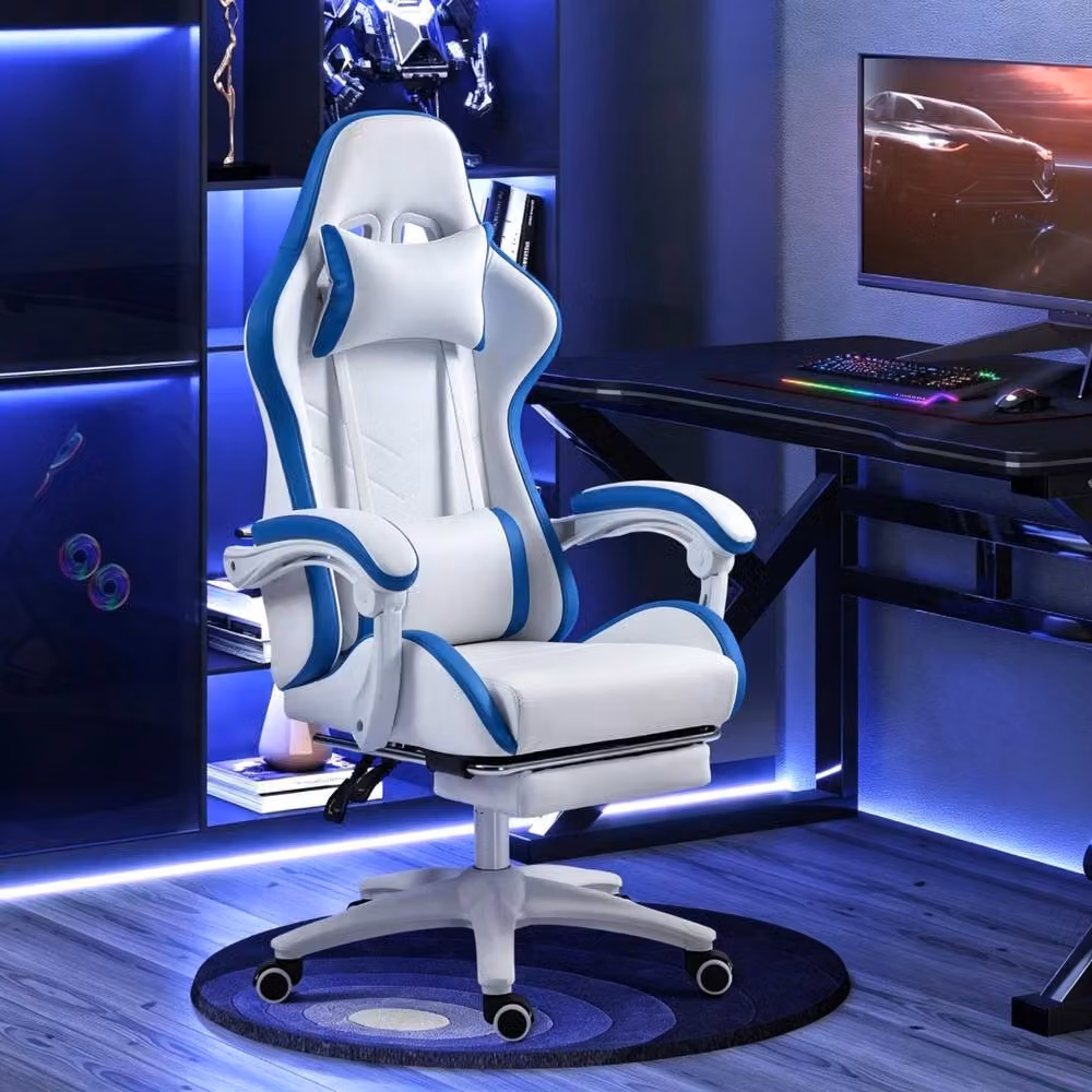 STILVORA White and Blue Gaming Chair with Reclining Back, Footrest, and Headrest – 2