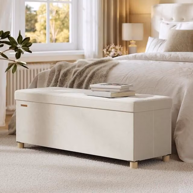 The Bazaarist Velvet Ottoman Bench with Hidden Storage in Cappuccino Beige