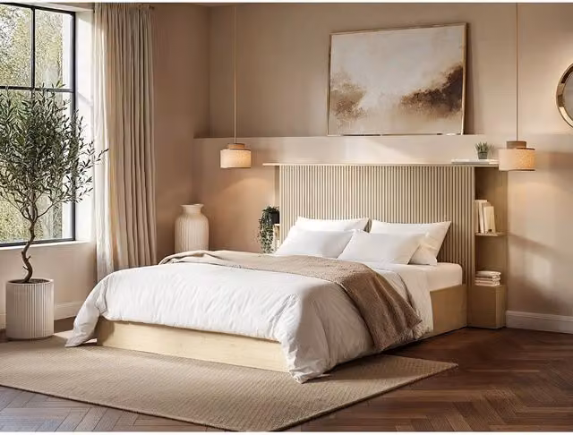 Solace+Co Zora Ottoman Bed with Headboard Shelves in Oak Brown, W/D/H: 180 x 200 x 203.2 cm – 1