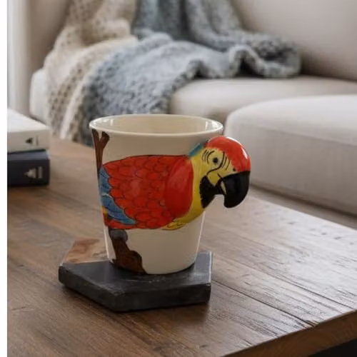 Handmade Ceramic Parrot Design Mug in White and Multicolour with 3D Handle – 2
