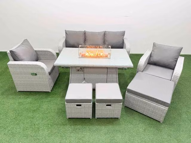 Fimous PE Rattan Garden Furniture Set in Light Grey with Reclining Chairs, Sofa, Firepit, Dining Table and 3 Stools