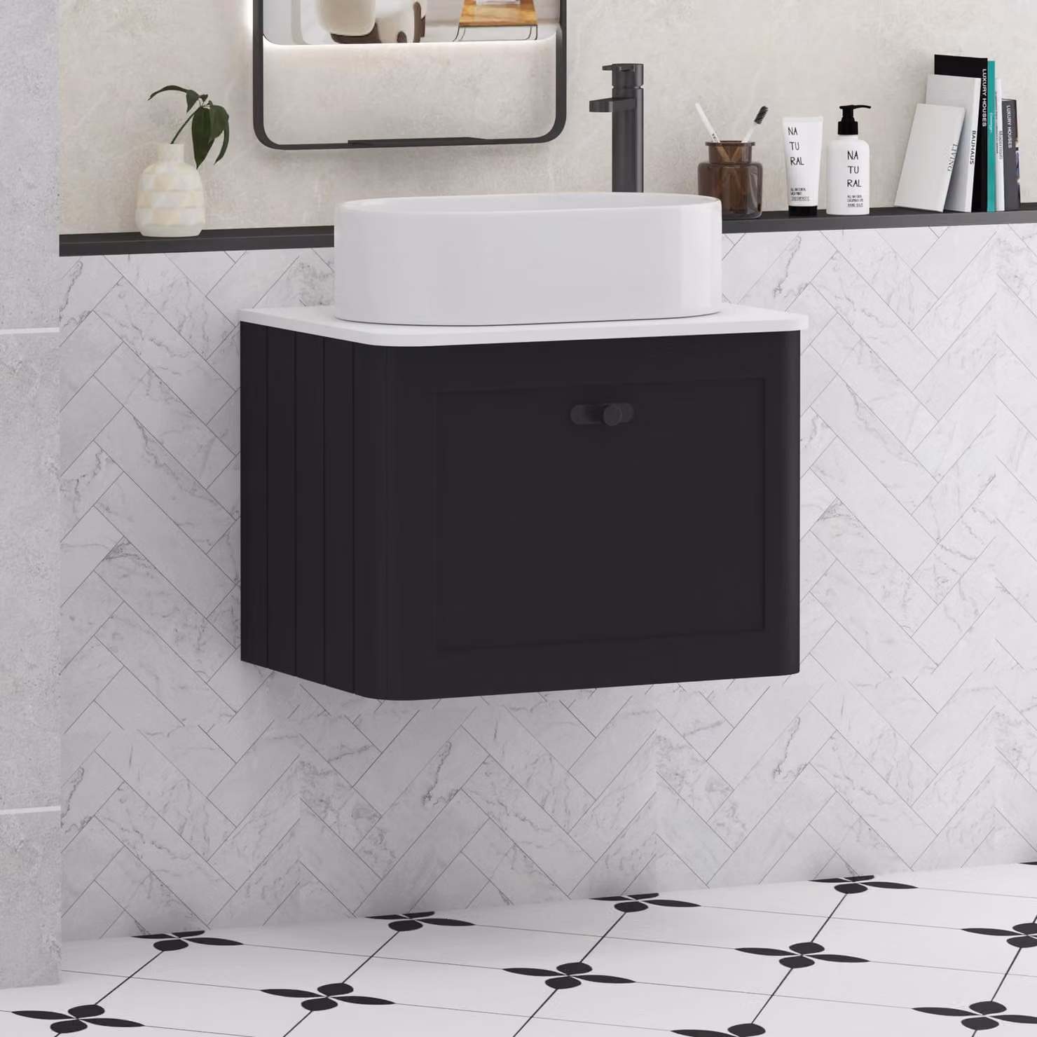 Royal Bathrooms Henley 600mm Wall Hung Vanity Unit in Matt Nocturne Black with Plain White Worktop and Peak Basin