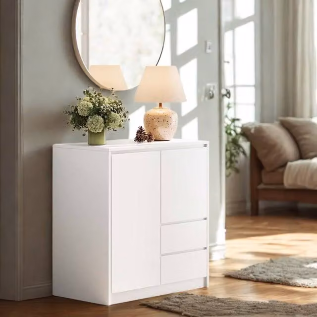 Pirlo Plush Modern White Sideboard Buffet Cabinet with Drawers and Media Compartments