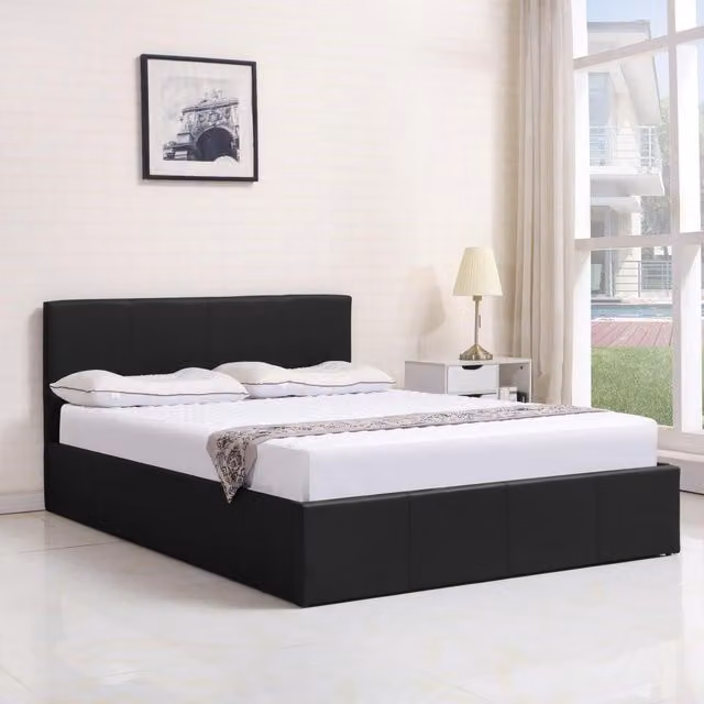 Kosy Koala Black Synthetic Leather Ottoman Side Lift-Up Storage Bed Frame, W/D/H: 120 x 200 cm