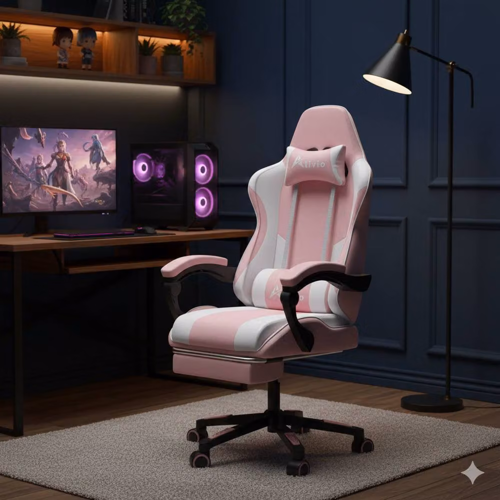 Alivio Ergonomic Gaming Chair in Pink with Footrest, Reclining Backrest, Lumbar Support and Headrest – 2