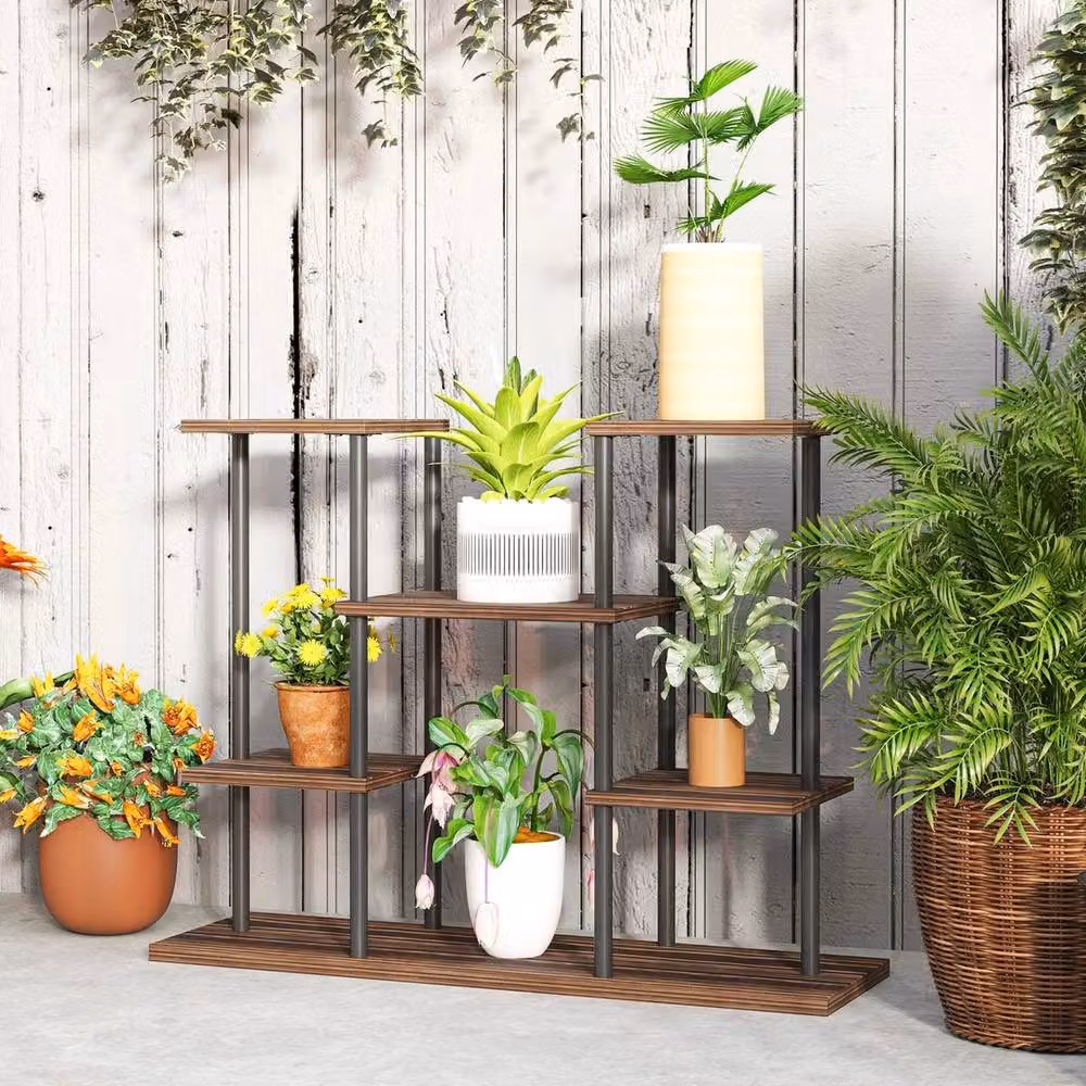 FORGEVIO 4 Tiered Outdoor Wood Plant Stand and Flower Pot Holder in Brown and Multicolour – 4
