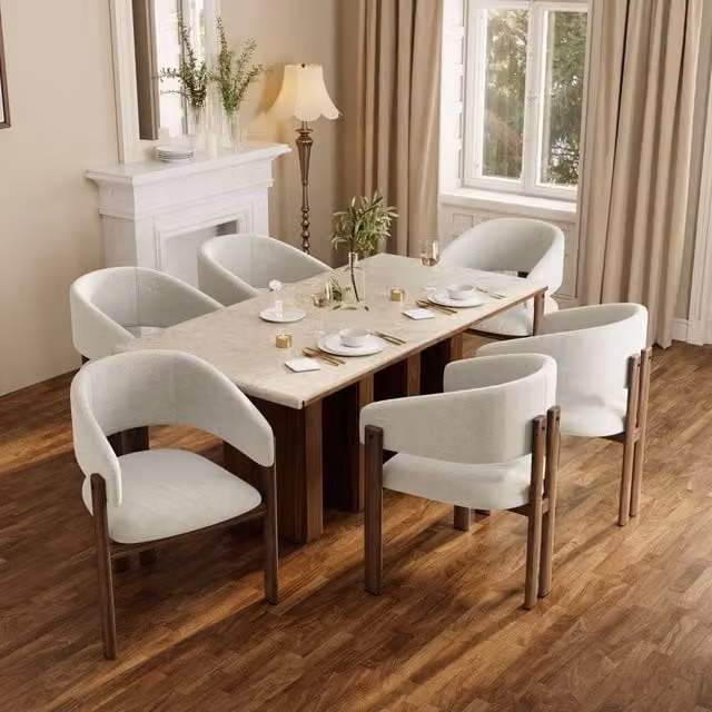 BTM Set of 6 Beige Linen Dining Chairs with Metal Frame