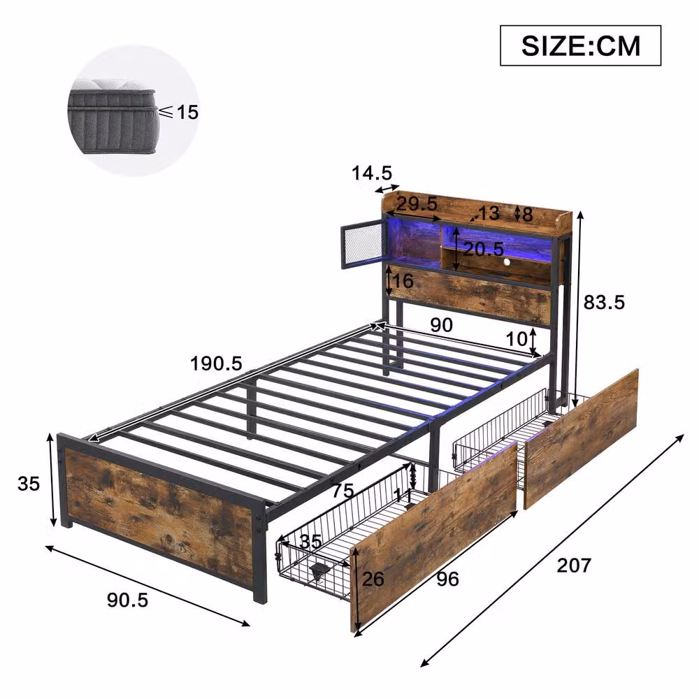Merax Single Metal Bed Frame with Storage Headboard, LED Lighting and USB Charging Ports in Brown and Black, W/D/H: 90 x 190 x 91.44 cm – 3