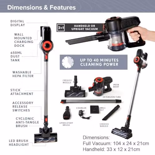 Quest 5-in-1 Lightweight Cordless Vacuum with 150W Suction, 40 Minute Battery Life and 650ml Bagless Dust Tank, featuring Washable HEPA Filter and LED Display – 2
