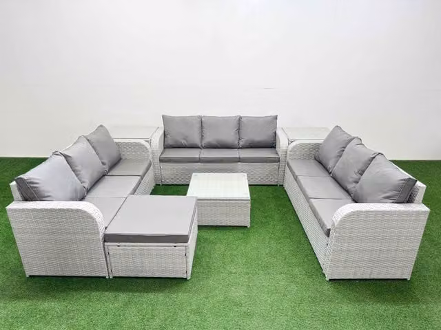 Fimous 10 Seater PE Rattan Outdoor Garden Furniture Set in Light Grey with 3 Seater Sofa, Square Coffee Table, Ottoman and Side Tables