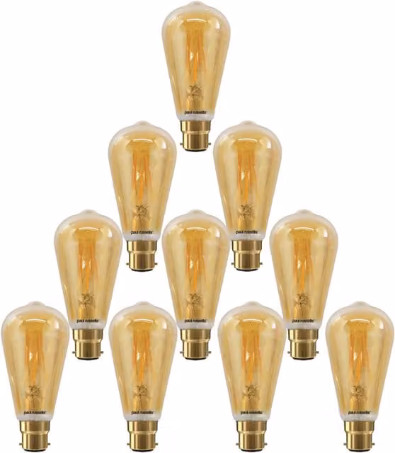 Paul Russells 7W ST64 LED Filament Bulb, B22, 725lm, 2200K Extra Warm White, Dimmable, Pack of 10