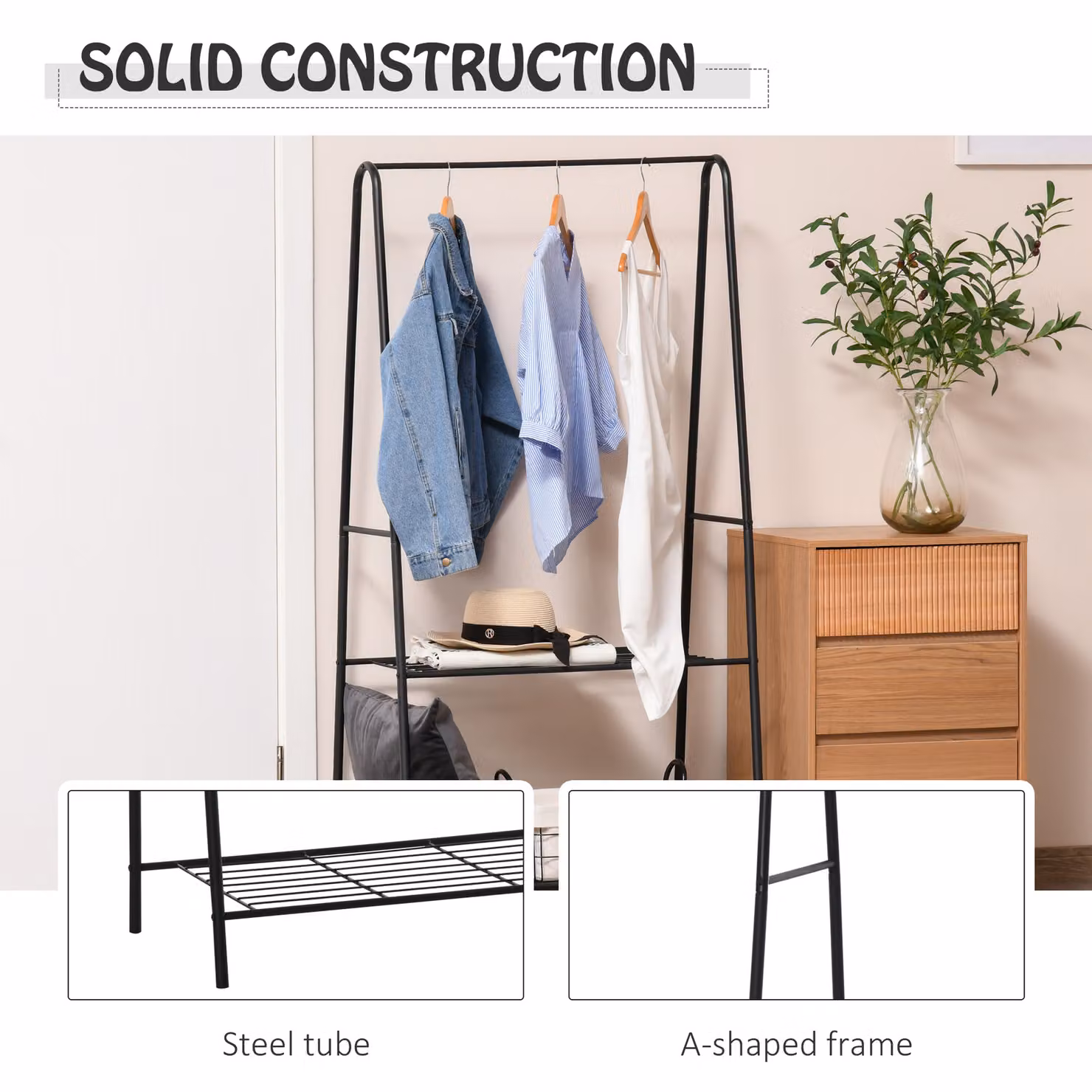 HOMCOM A-Frame Metal Clothes Rack and Coat Hanger with 2-Tier Shoe Shelving, Black, W: 45 cm, D: 77 cm, H: 153 cm – 3