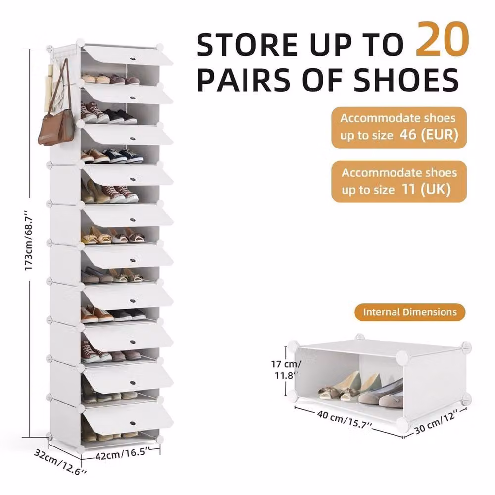 KORVIXA White Plastic 10-Tier Portable Shoe Cabinet with Hinged Doors, H 173 cm x W 100 cm x D 40 cm – 2
