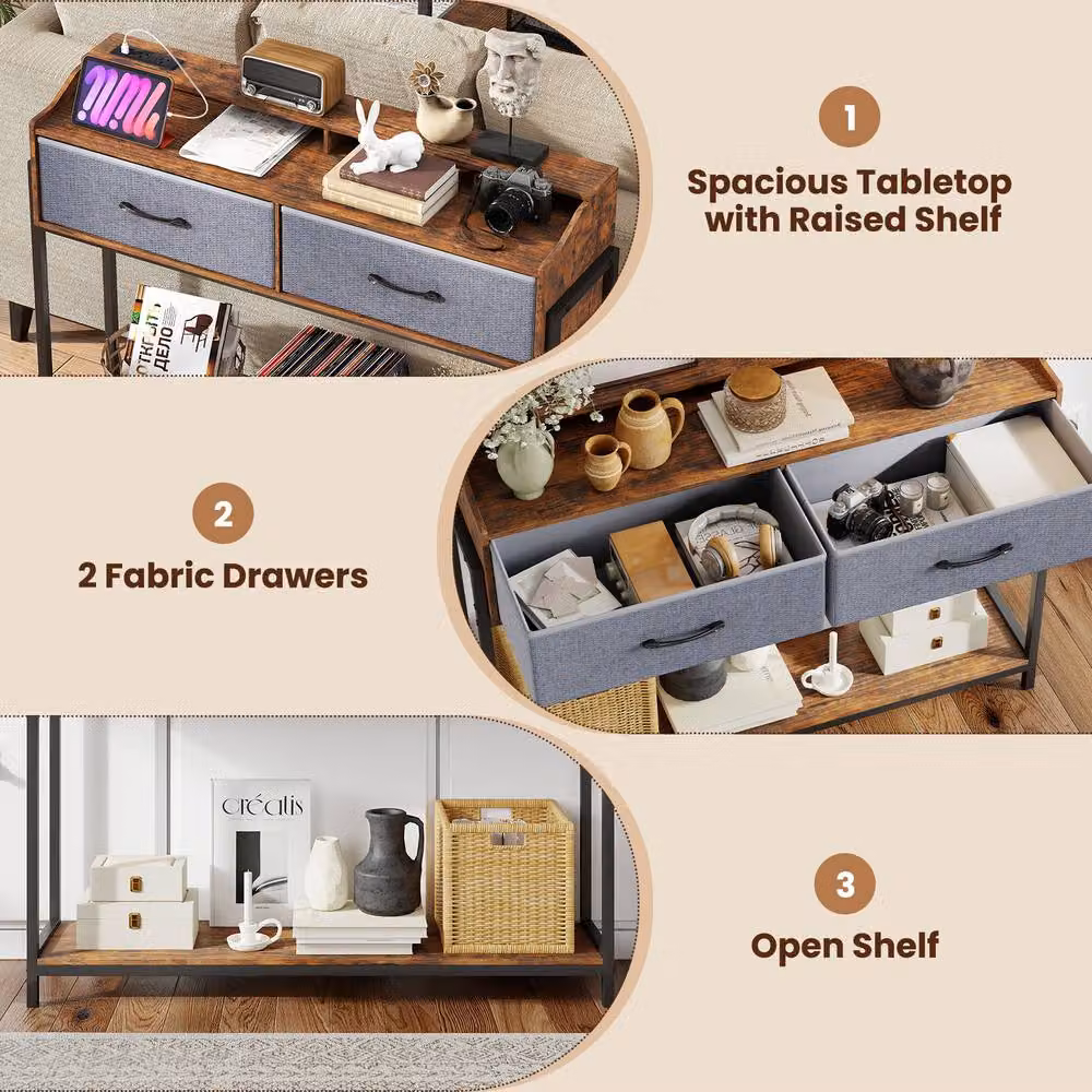 Costway Industrial Brown Console Table with Charging Station for Living Room or Hallway – 4