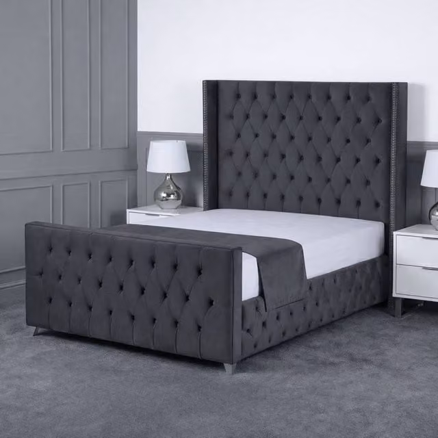 Living Comfort Bedz Executive Luxe Upholstered Velvet Gas Lift Storage Bed with 48 Inch Headboard in Anthracite Grey, W/D/H: 140 x 200 cm