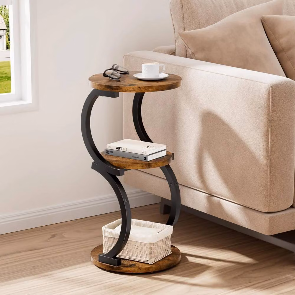 FORGEVIO Round S-shaped 3-Tier Side Table in Rustic Brown – 3