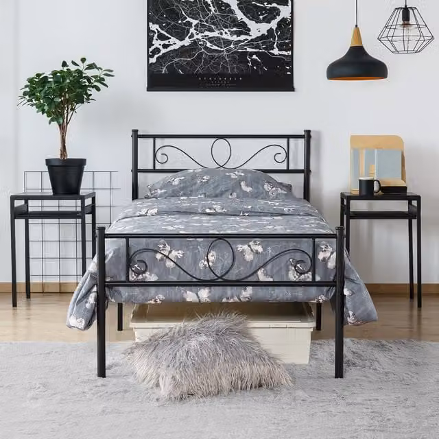 Yaheetech Industrial Metal Bed Frame with Matt Black Finish, W/D/H: 90 x 190 cm
