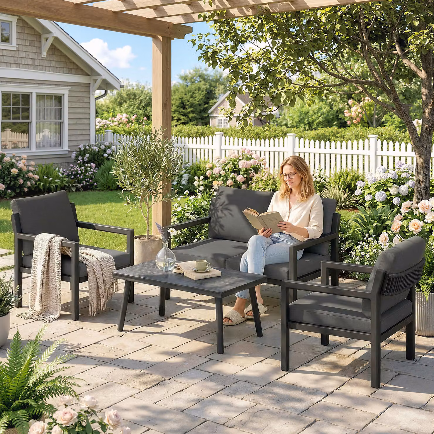 Outsunny 4 Seater Rattan Garden Furniture Set with 2 Armchairs, 2 Seater Sofa, and Coffee Table in Dark Grey – 8
