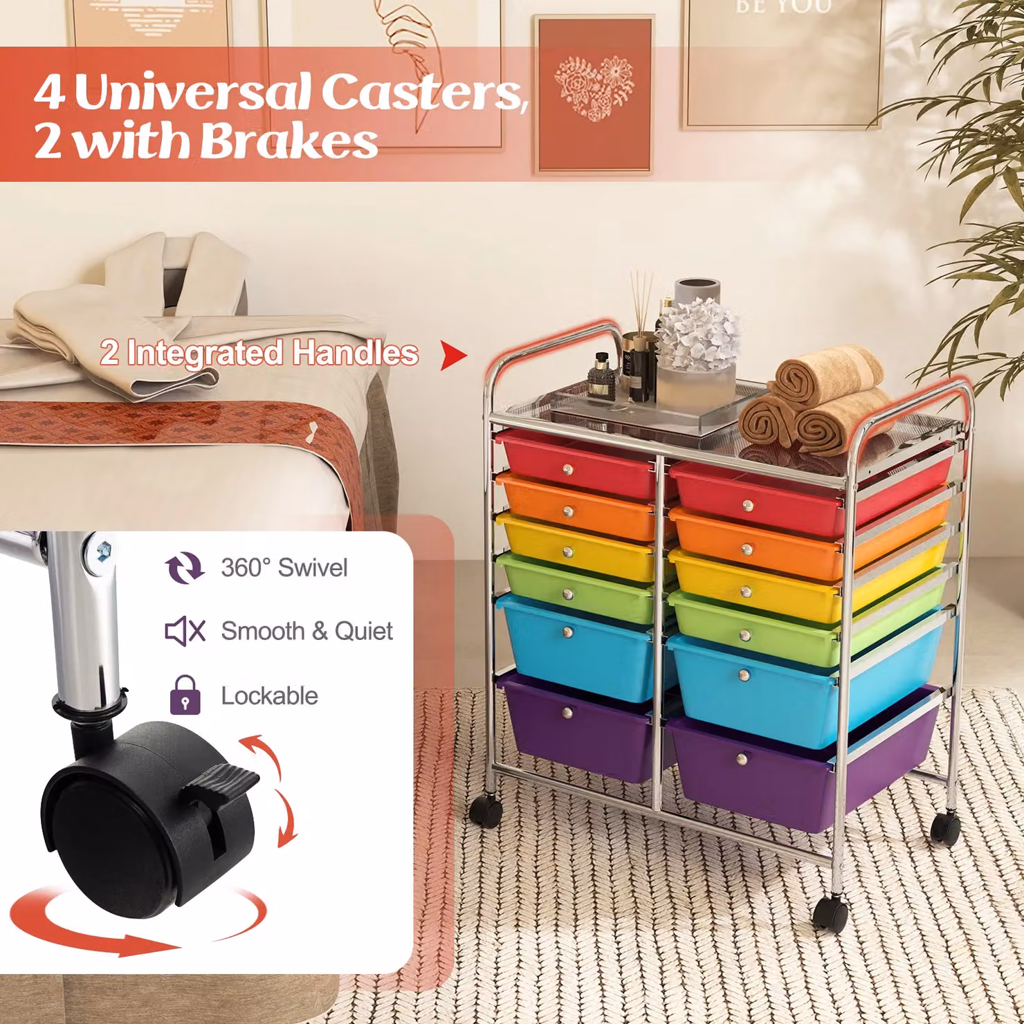 Gymax 12 Drawer Rolling Utility Storage Cart with Wheels and Handles in Multicolour – 4