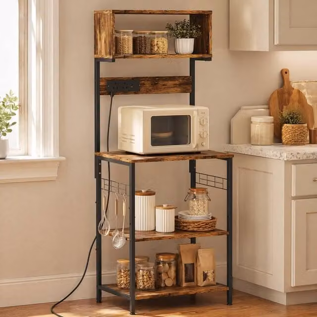 STILVORA Industrial Kitchen Storage Unit with USB and Hooks in Brown – 1