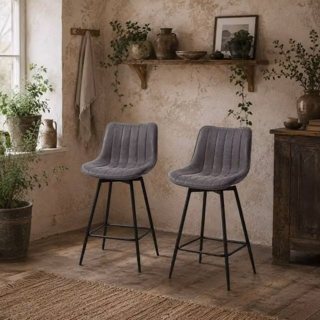 Wyld Haus Pahara Set of 2 Grey Faux Leather Swivel Bar Stools H 122 cm x W 47 cm x D 54.5 cm