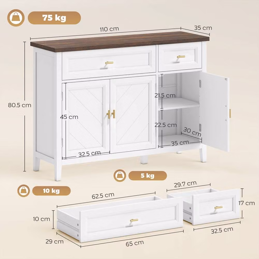 STILVORA Modern White Lacquered Sideboard Storage Cabinet with 2 Drawers and Shelves – 3
