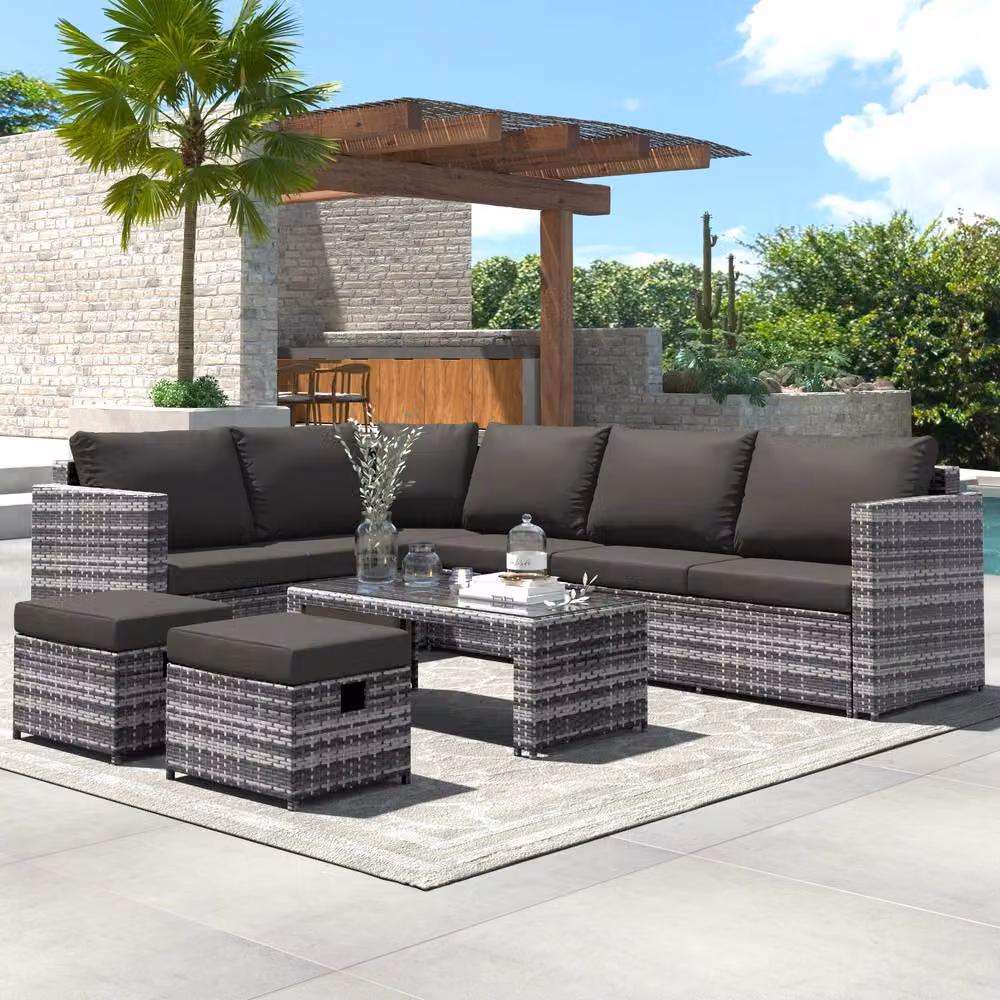 HomeTouch Grey 8 Seater Modern Rattan Garden Corner Sofa Set with Coffee Table – 2