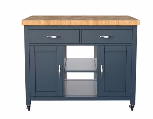 baumhaus Blue Kitchen Island with Oak Butcher Block W/D/H: 90 x 65 x 110 cm