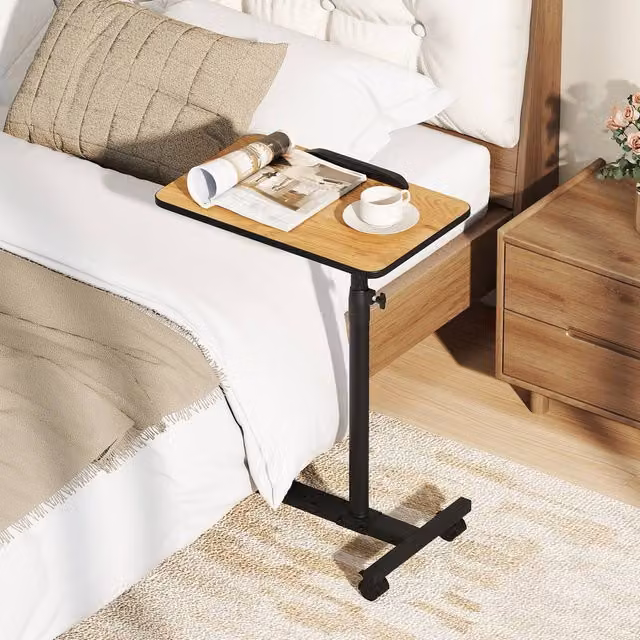 Costway Tilting Overbed Table in Brown with Height-Adjustable and Rotating Top and Lockable Wheels – 1