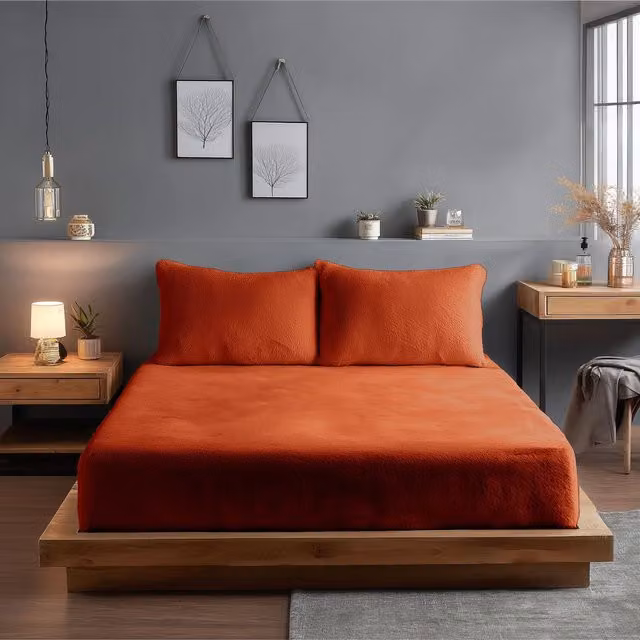 Snug City Teddy Fleece Extra Deep Fitted Sheet, Orange, Super King, W/D/H: 200 x 200 x 30 cm